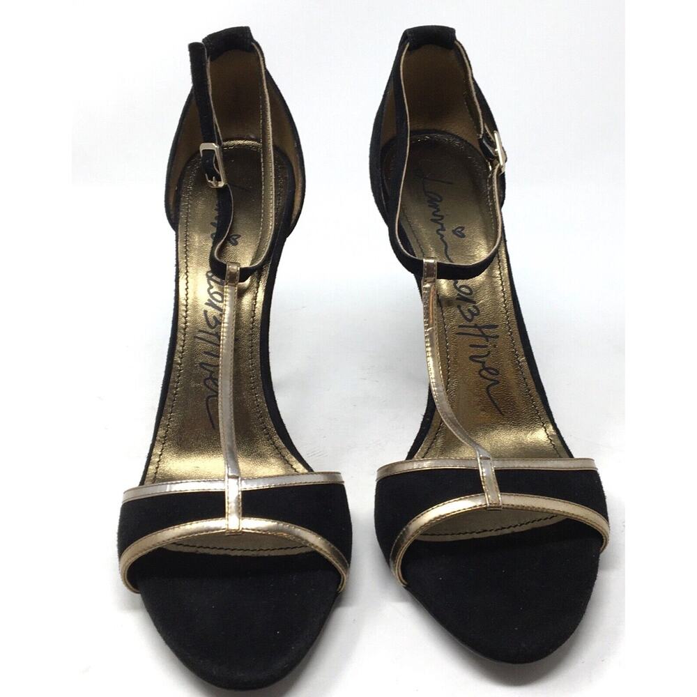 Lanvin Paris Women's Size 10/41 Black Suede Metallic Gold Leather T-Strap Heels - Picture 4 of 7
